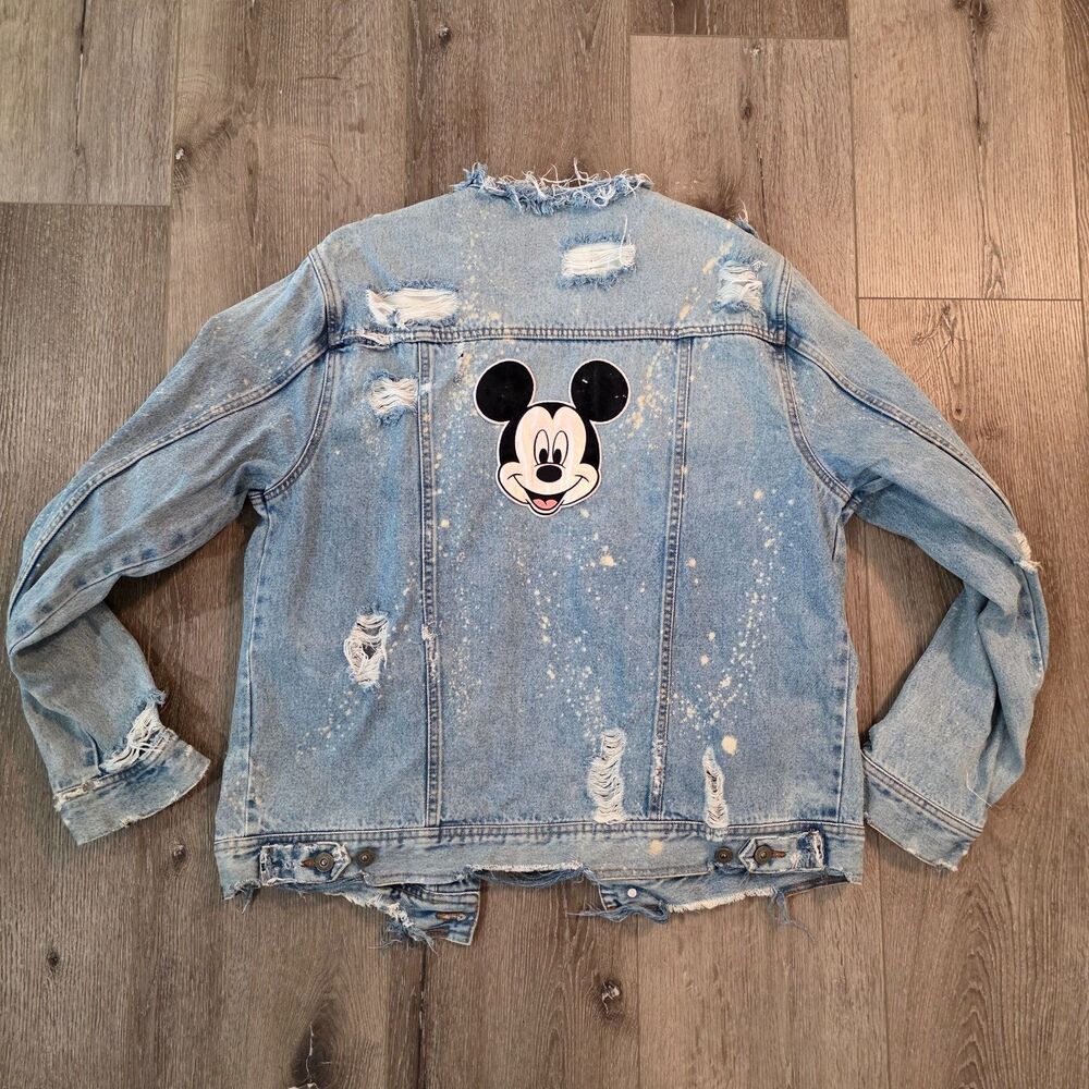 1975 Zara Man Denim Jacket Distressed Mens Jean Jacket Sz XL Mickey Mouse Patch